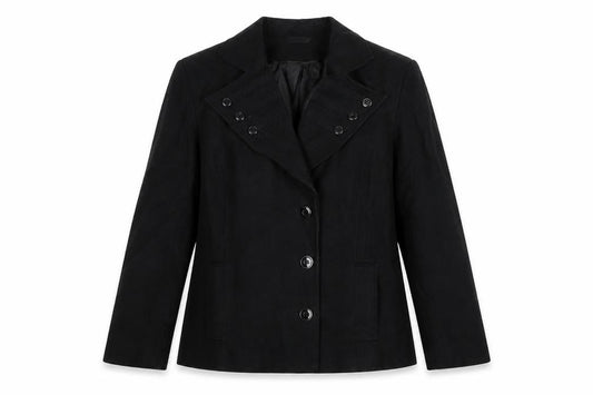 Front view of Klass women’s black jacket, size UK 16, button