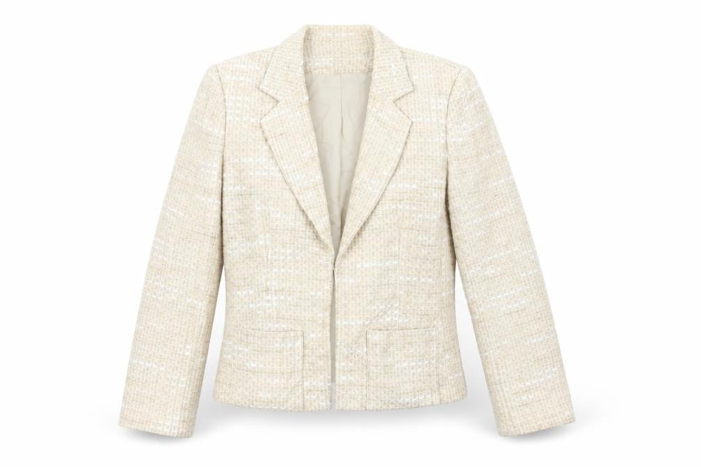 Front view of Paul Berman women’s beige jacket blazer, size UK 14, hook & eye