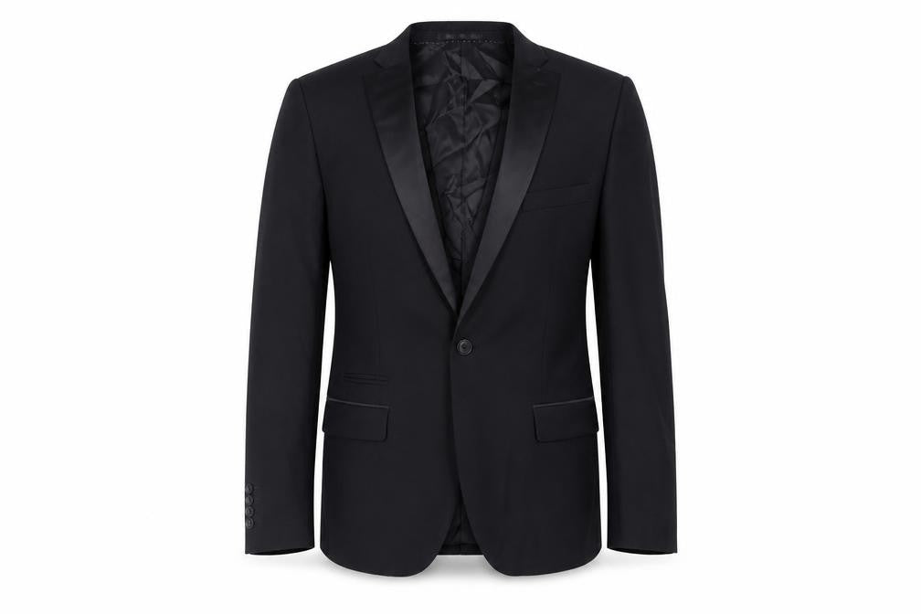 Front view of Topman men’s black polyester tuxedo suit jacket, size 40, regular