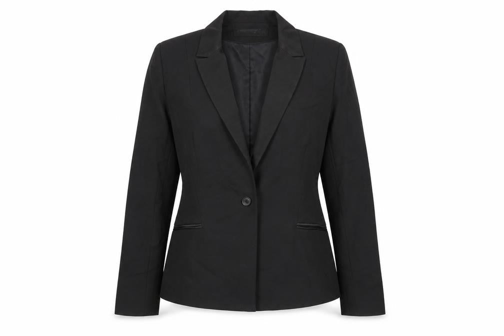 Front view of Kookai women’s black jacket blazer, size UK 12, button