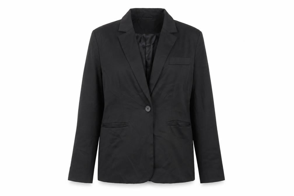 Front view of Misspap women’s black jacket blazer, size UK 14, button