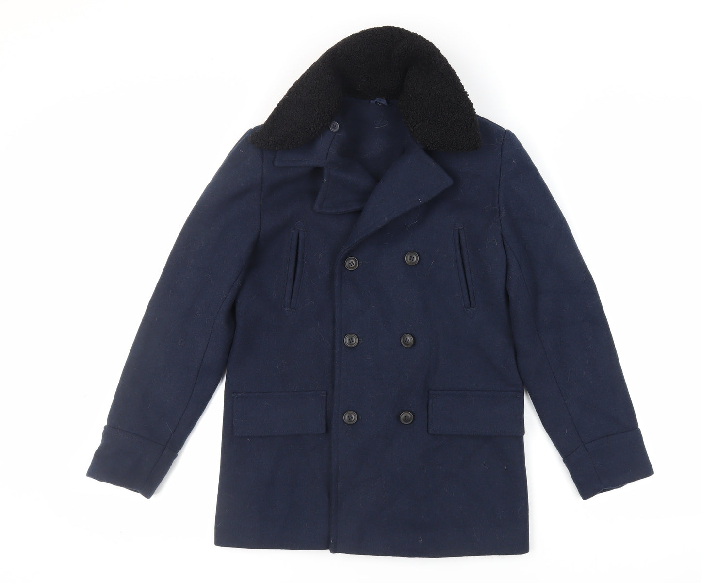 Marks and Spencer Boys Blue Pea Coat Coat Size 11-12 Years Button