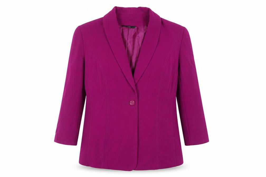 Front view of Hudson & Onslow women’s purple jacket blazer, size UK 18, button