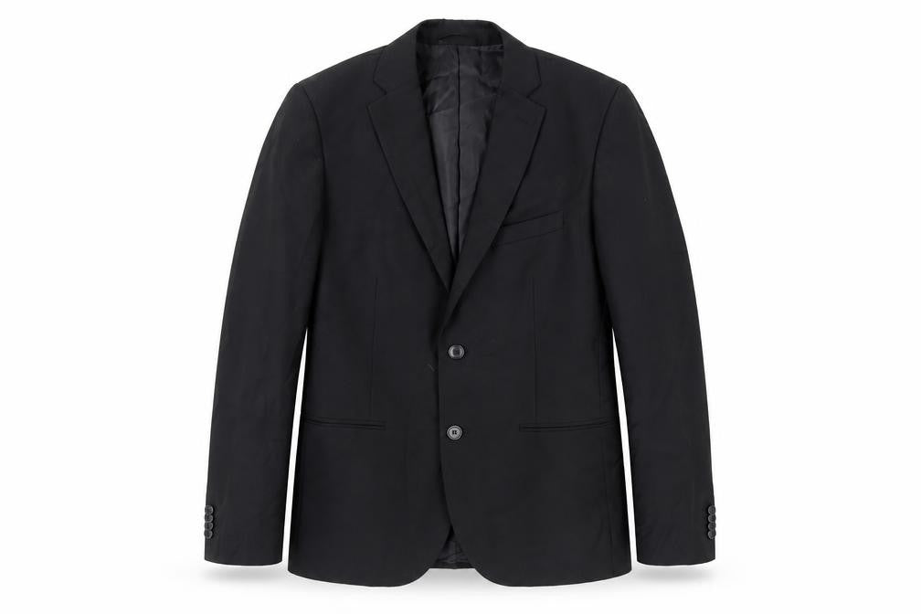 Front view of Doppelganger men’s black polyester jacket suit jacket, size 36, regular