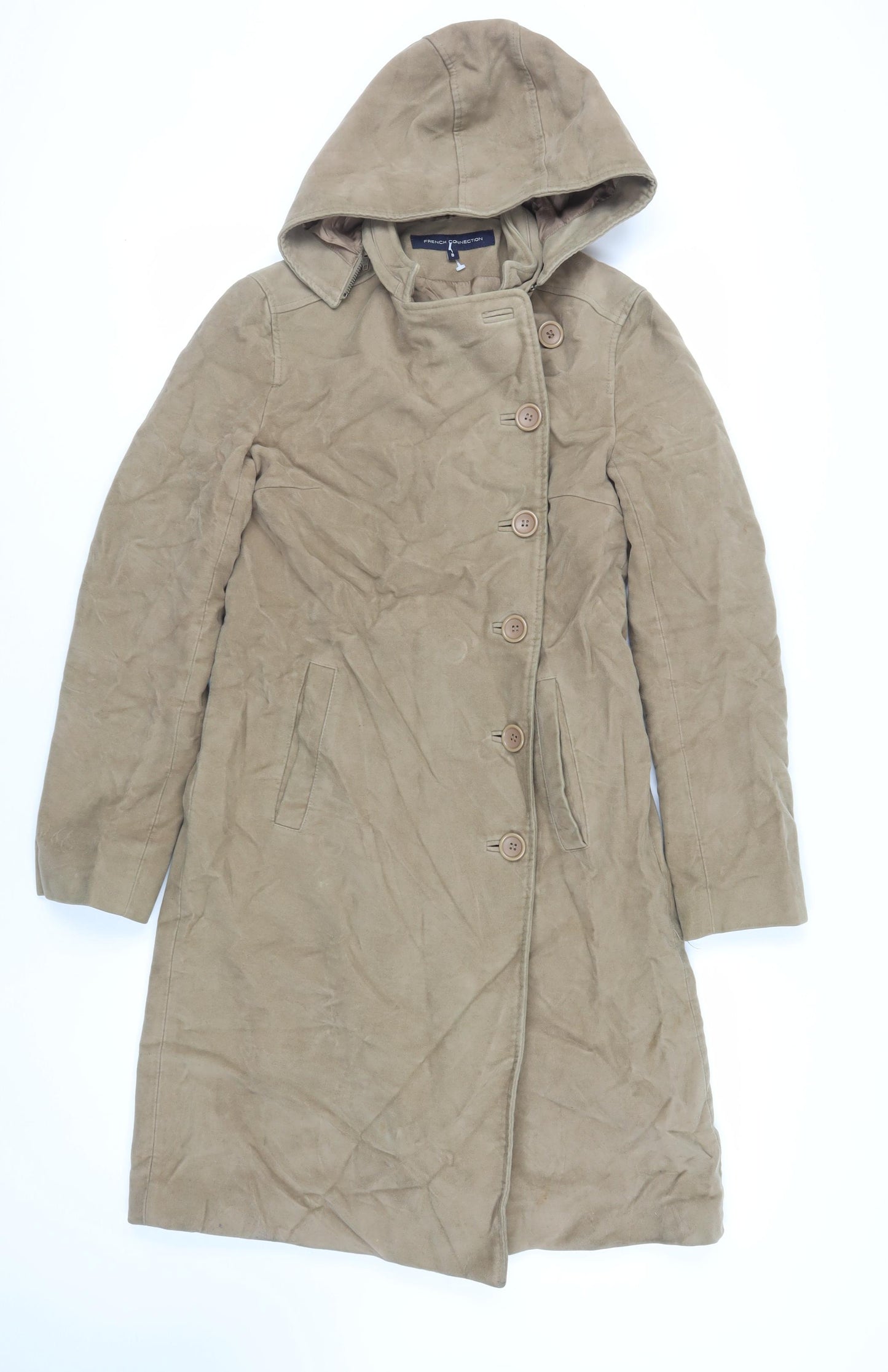 French Connection Womens Beige Overcoat Coat Size 8 Button - Suede Effect