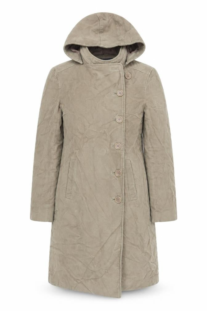 Front view of French Connection women’s beige overcoat coat, size UK 8, button - suede effect