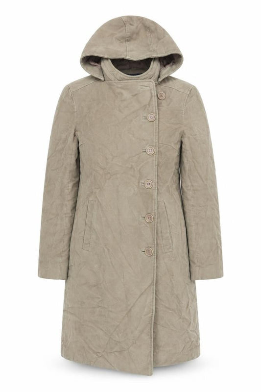 Front view of French Connection women’s beige overcoat coat, size UK 8, button - suede effect