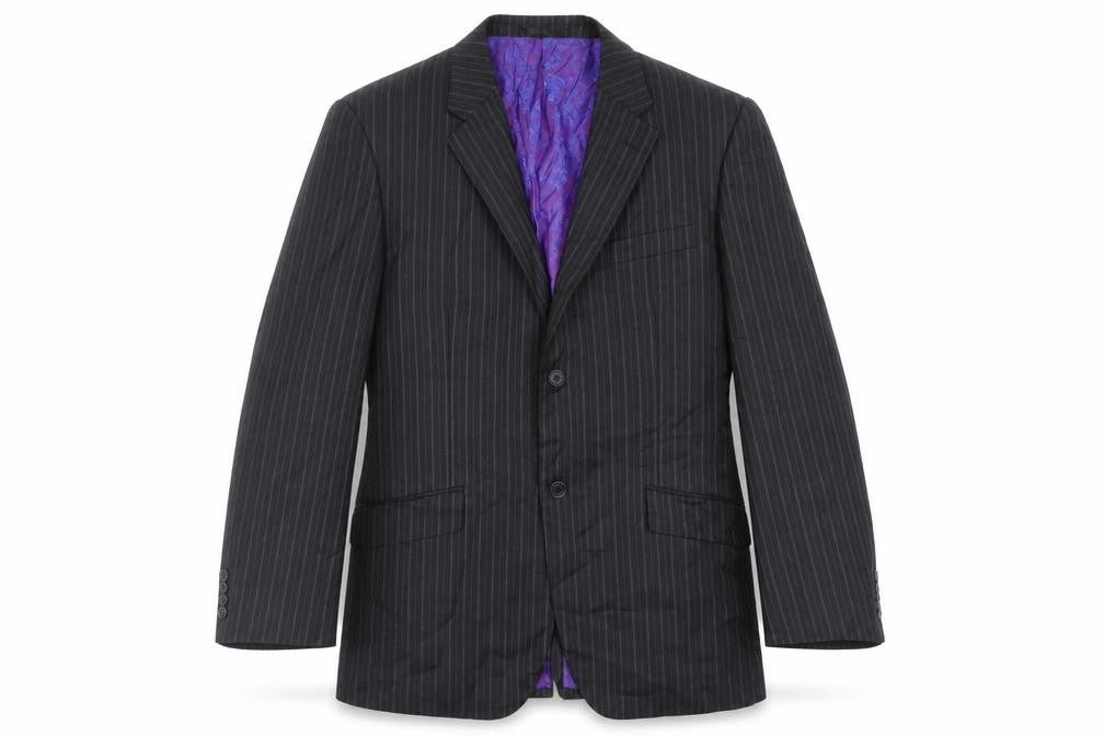 Front view of Life and Limb men’s grey striped wool jacket suit jacket, size 44, regular