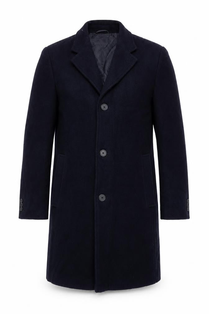 Front view of Bruce & Borough men’s blue overcoat coat, size 40, button