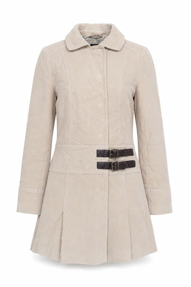 Front view of Next women’s beige overcoat coat, size UK 8, snap