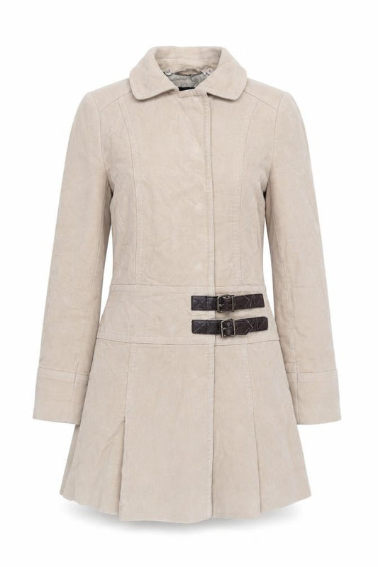 Front view of Next women’s beige overcoat coat, size UK 8, snap