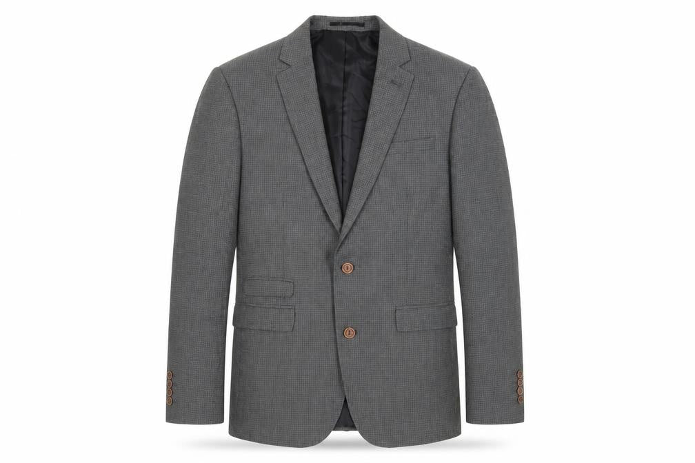 Front view of ASOS men’s grey plaid polyester jacket suit jacket, size 40, regular