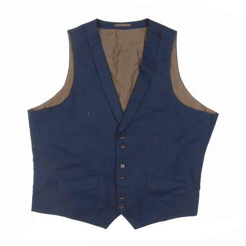 Fellini Mens Blue Plaid Polyester Jacket Suit Waistcoat Size 46 Regular