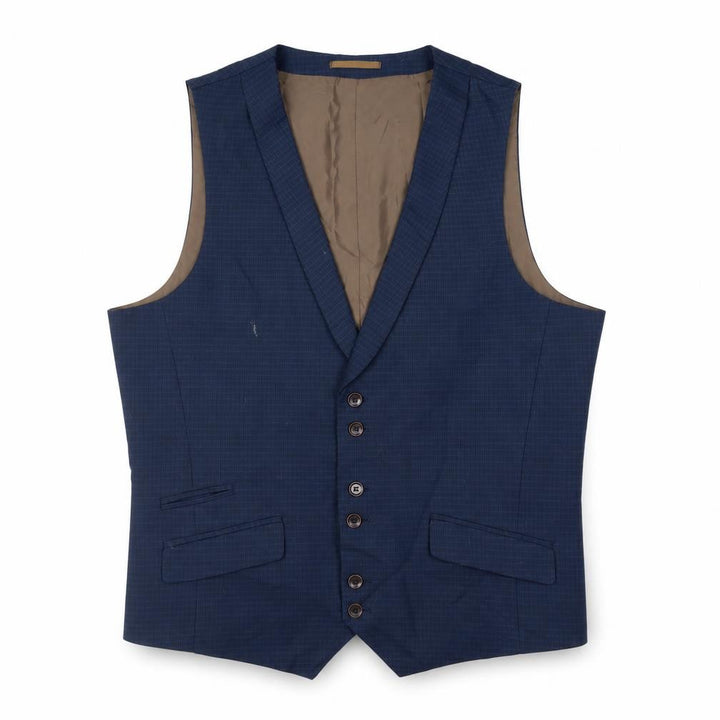 Fellini Mens Blue Plaid Polyester Jacket Suit Waistcoat Size 46 Regular