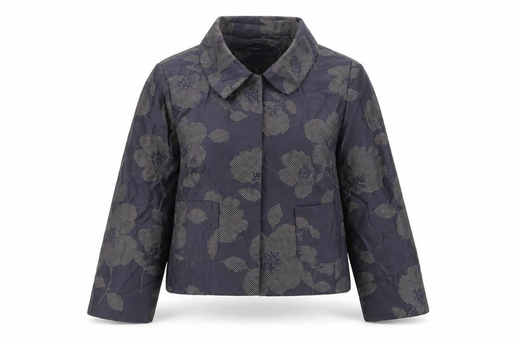 Front view of Fenn Wright Manson women’s blue floral jacket, size UK 8, - open