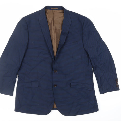 Fellini Mens Blue Plaid Polyester Jacket Suit Jacket Size 46 Regular