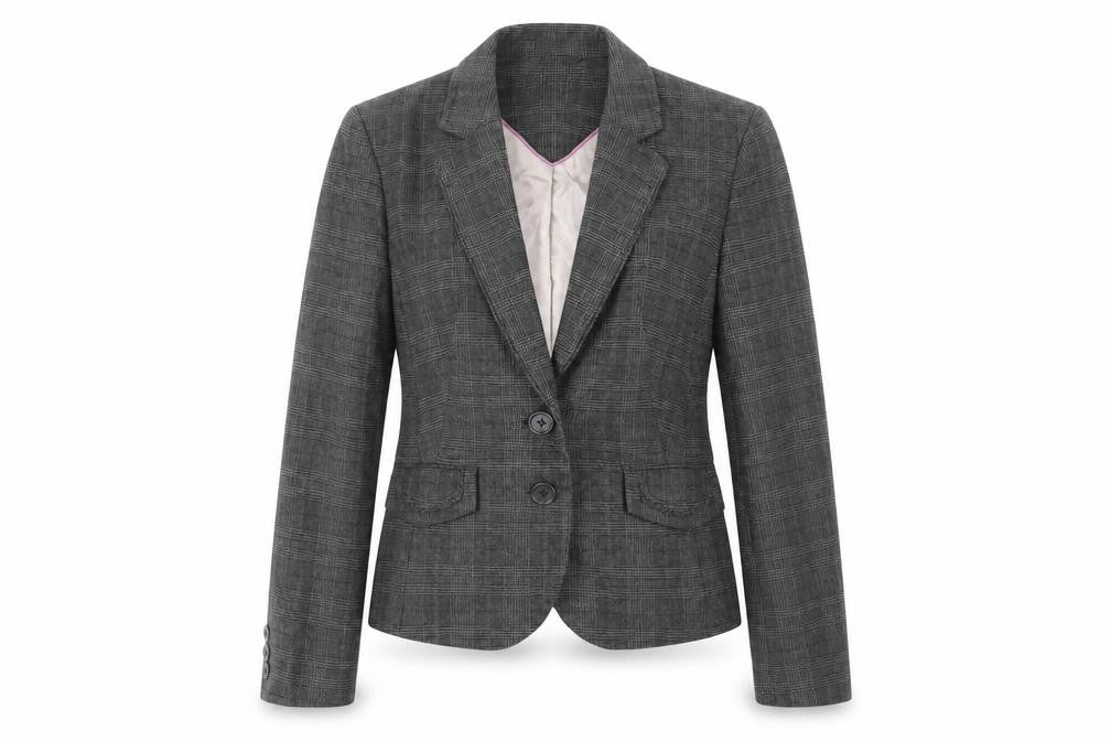 Front view of Next women’s grey plaid jacket blazer, size UK 10, button