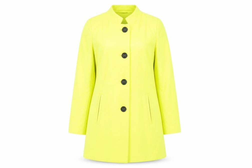 Front view of Marks & Spencer women’s yellow overcoat coat, size UK 10, button