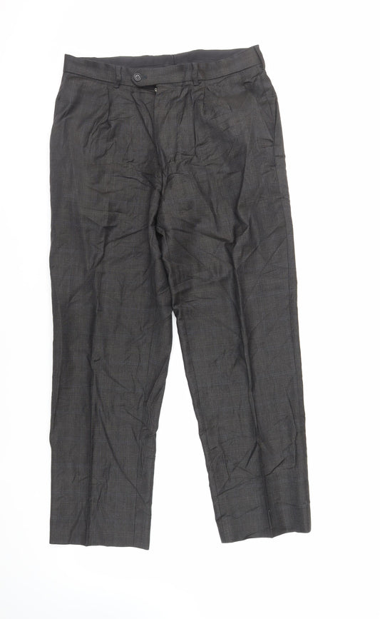 Marks and Spencer Mens Grey Plaid Wool Dress Pants Trousers Size 32 in L29 in Regular Zip