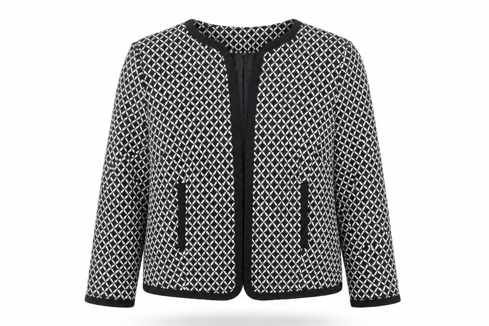Front view of Classics women’s black geometric jacket blazer, size UK 16, - open