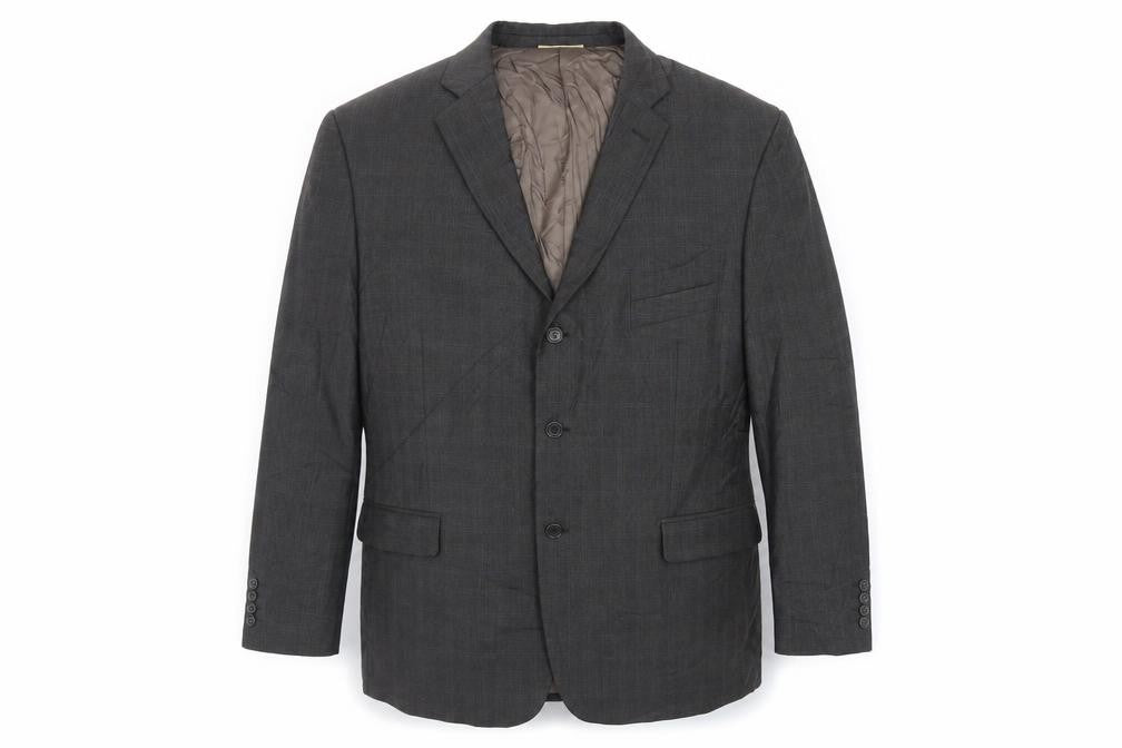 Front view of Marks & Spencer men’s grey plaid wool jacket suit jacket, size 46, regular