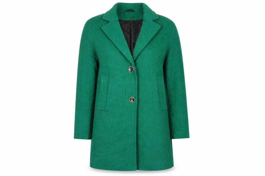 Front view of Marks & Spencer women’s green pea coat coat, size UK 10, button