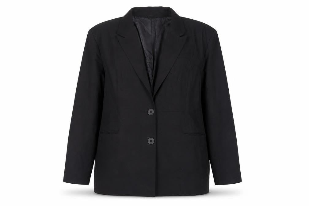 Front view of Collusion women’s black jacket blazer, size UK 12, button - oversized