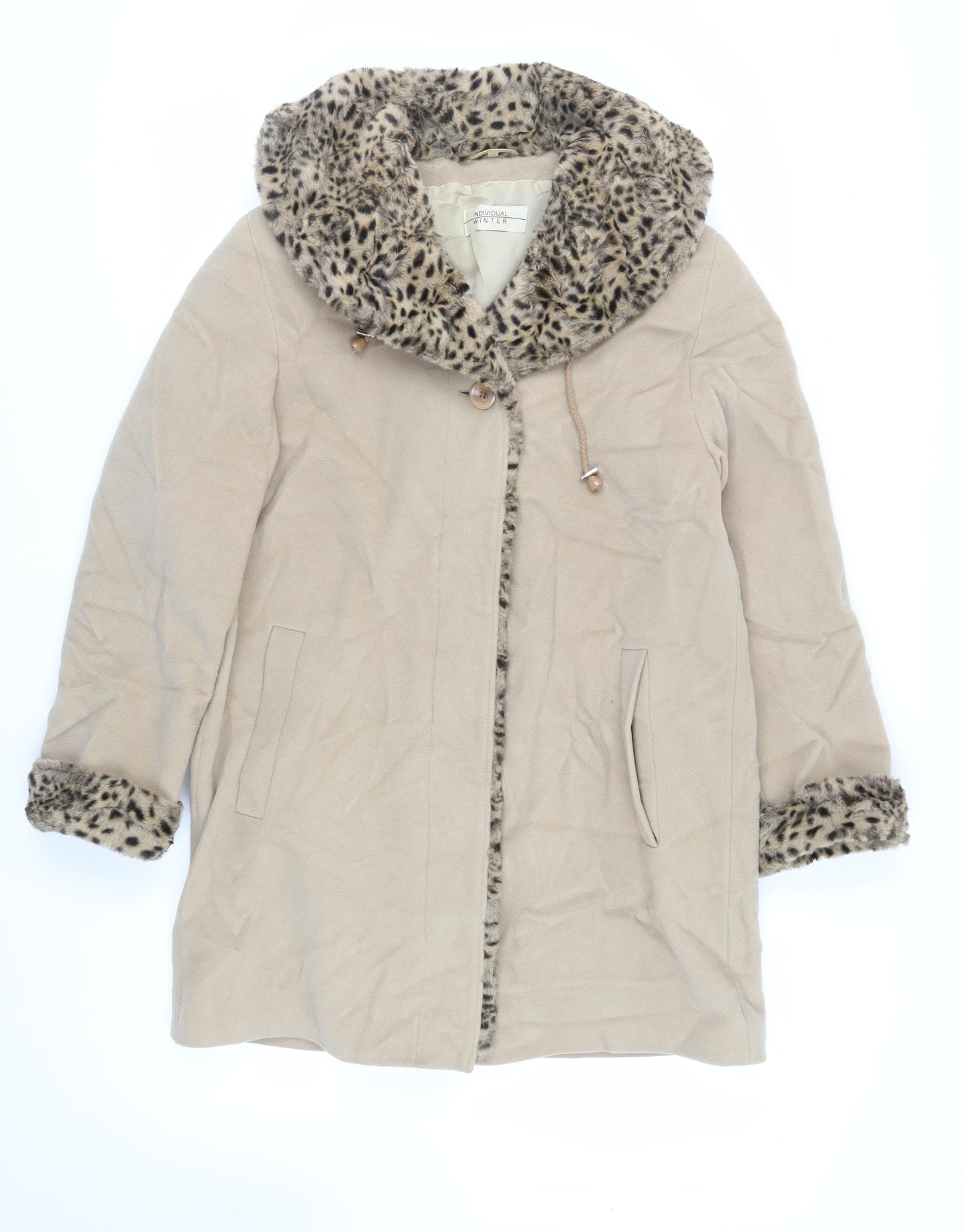 Individual Winter Womens Beige Overcoat Coat Size 12 Button - Faux Fur Collar