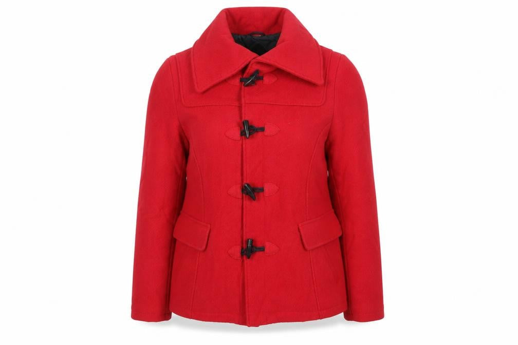 Front view of Monsoon women’s red jacket, size L, toggle