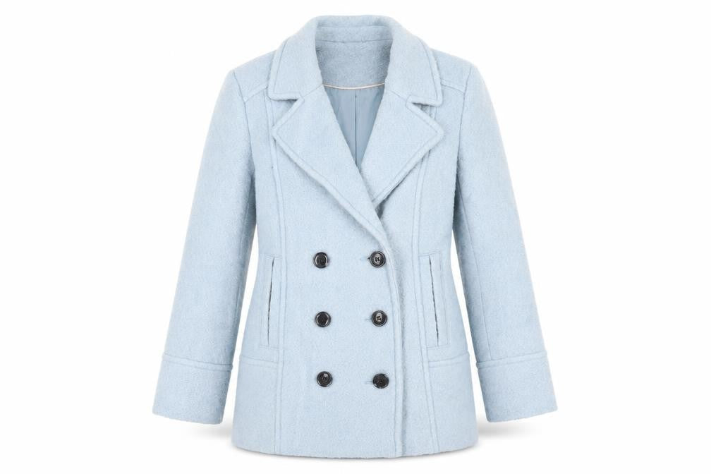 Front view of M&Co women’s blue pea coat coat, size UK 12, button