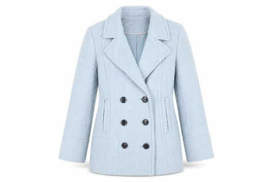 Front view of M&Co women’s blue pea coat coat, size UK 12, button