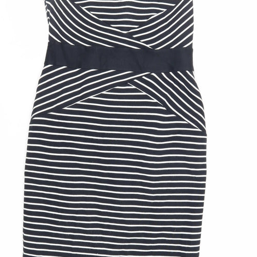 Marks and Spencer Womens Blue Striped Acrylic Pencil Dress Size 12 Boat Neck Zip - Lined