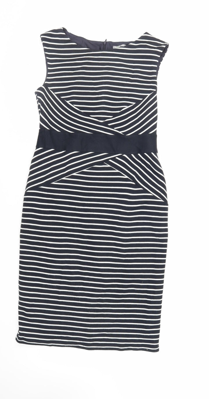 Marks and Spencer Womens Blue Striped Acrylic Pencil Dress Size 12 Boat Neck Zip - Lined
