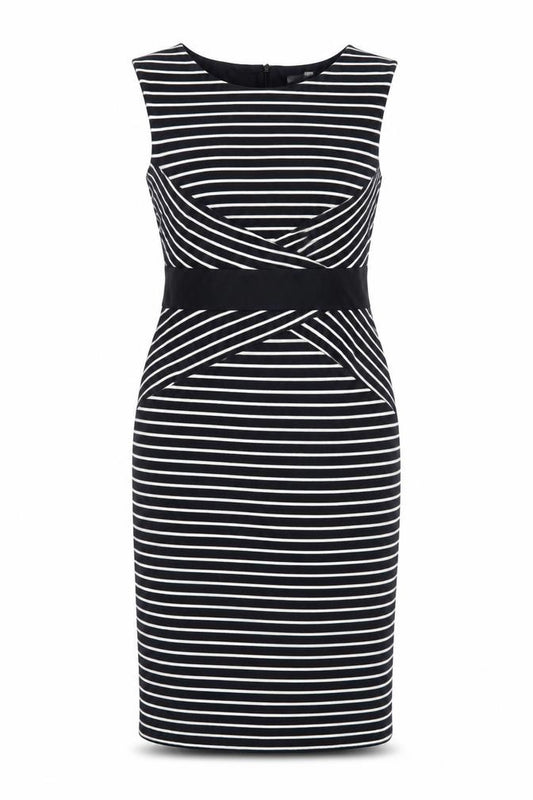Front view of Marks & Spencer women’s blue striped acrylic pencil dress, size UK 12, boat neck zip - lined