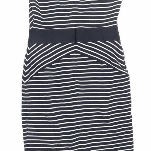 Marks and Spencer Womens Blue Striped Acrylic Pencil Dress Size 12 Boat Neck Zip - Lined