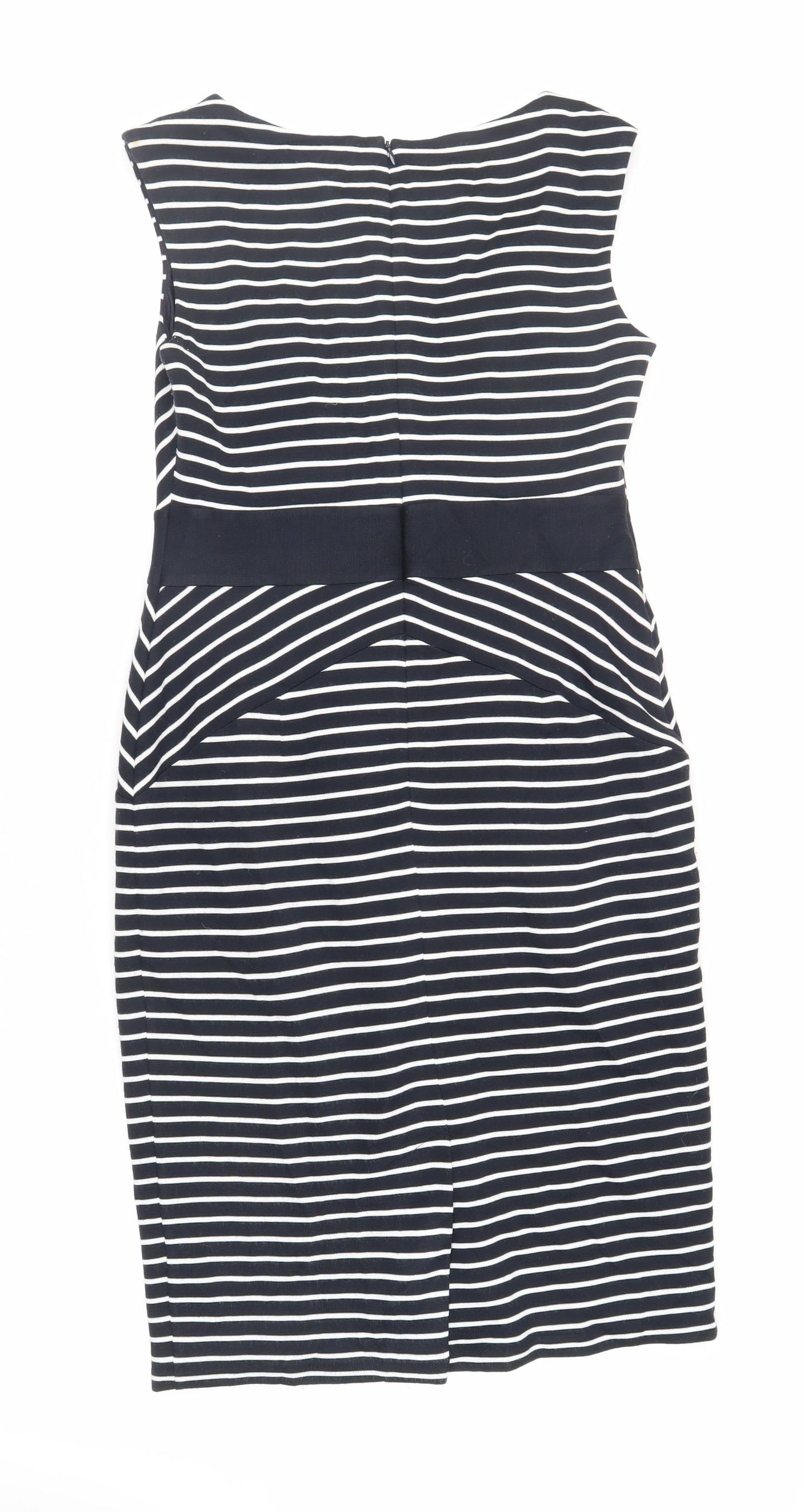 Marks and Spencer Womens Blue Striped Acrylic Pencil Dress Size 12 Boat Neck Zip - Lined