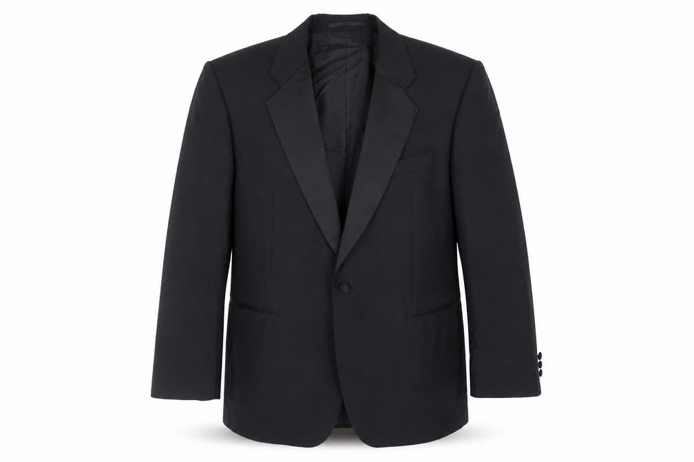 Front view of Marks & Spencer men’s black polyester tuxedo suit jacket, size 42, regular
