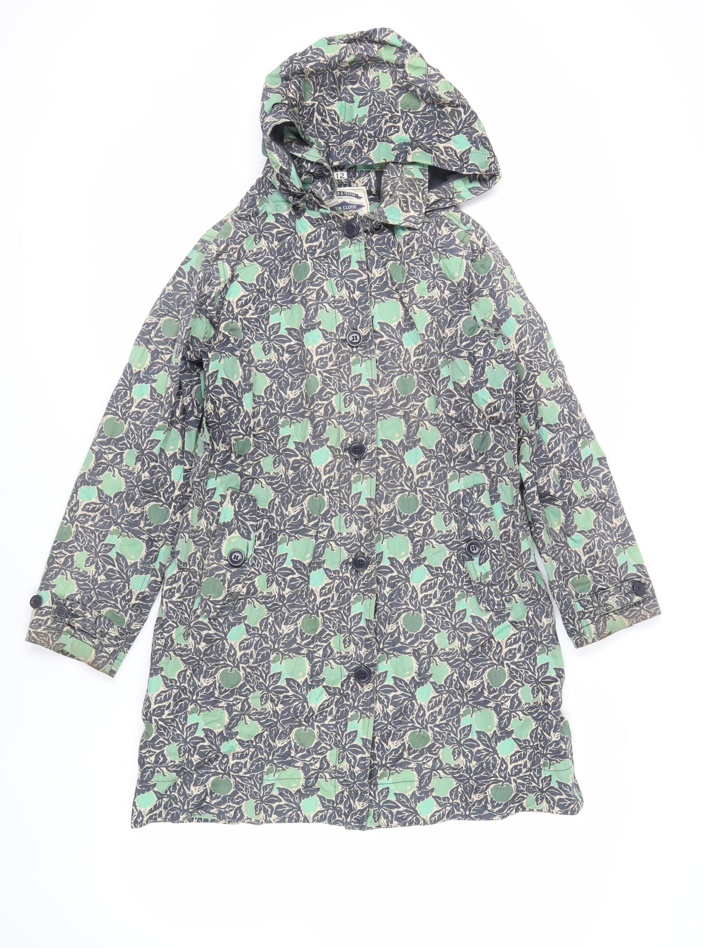Tin cloth Womens Blue Geometric Rain Coat Coat Size 12 Zip - Hooded