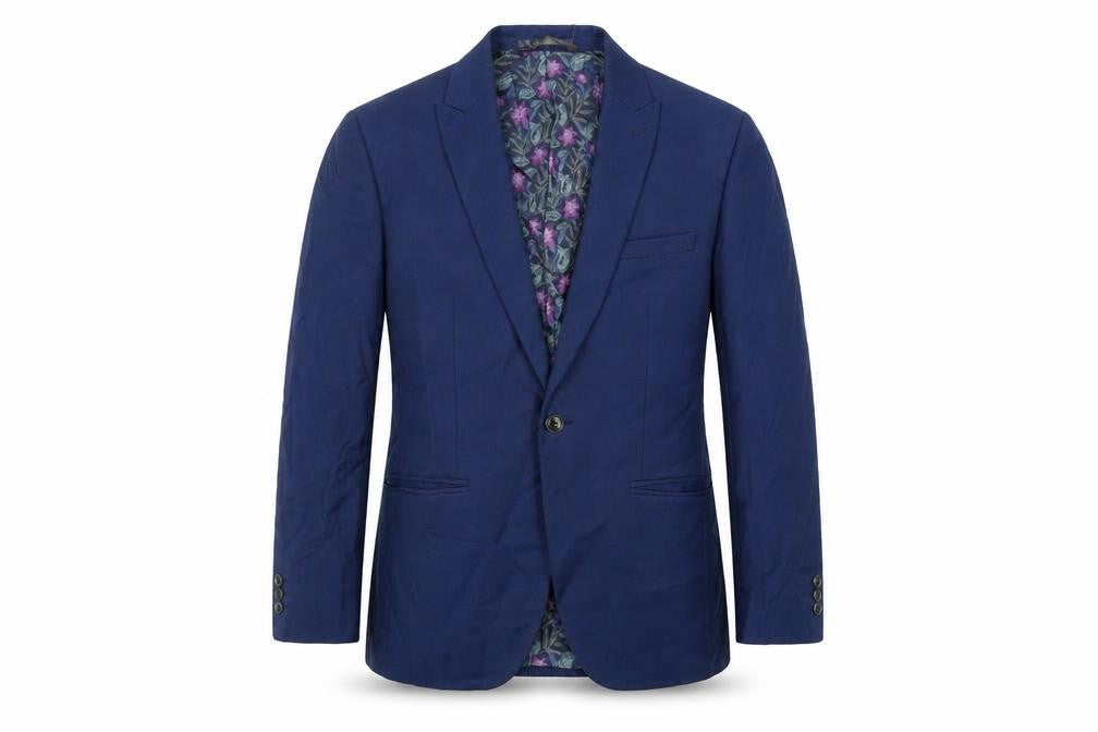 Front view of Marks & Spencer men’s blue polyester jacket suit jacket, size 40, regular