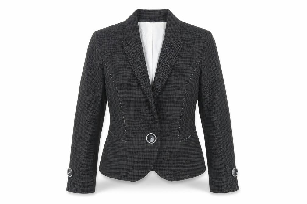 Front view of Marks & Spencer women’s black polka dot jacket blazer, size UK 12, button