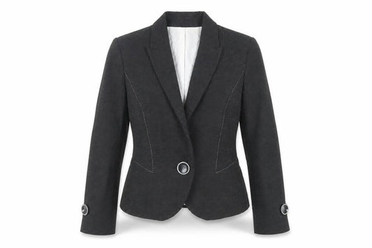 Front view of Marks & Spencer women’s black polka dot jacket blazer, size UK 12, button