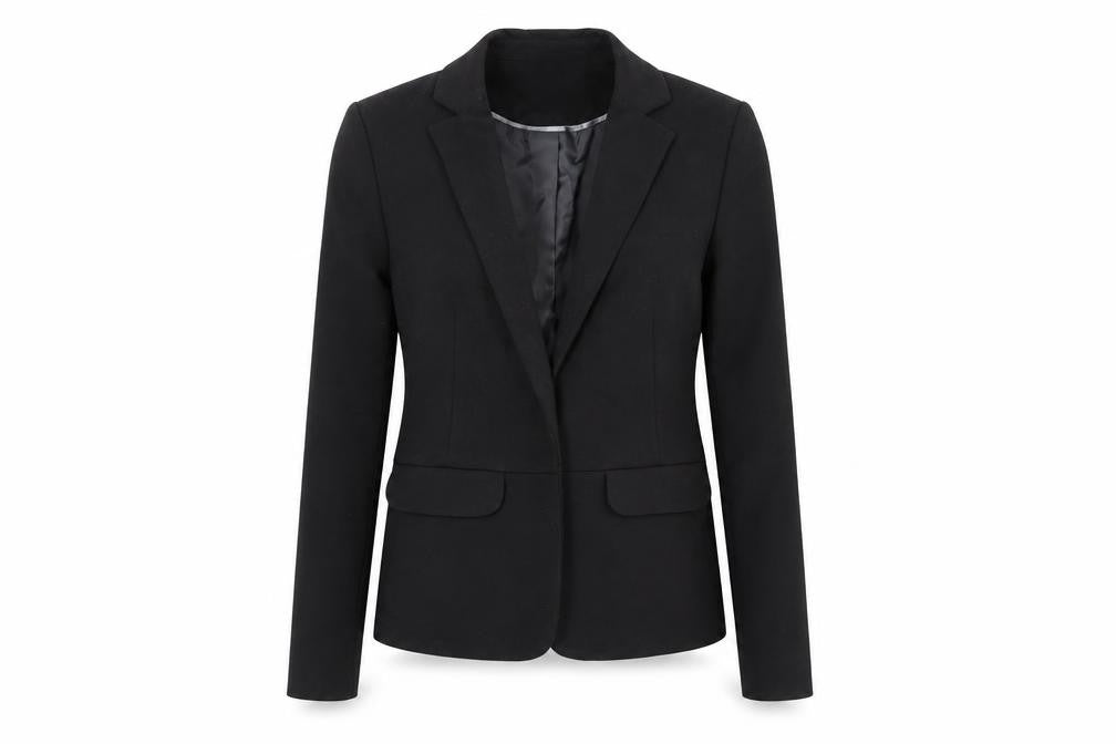 Front view of Miss Se women’s black jacket blazer, size UK 8, - open