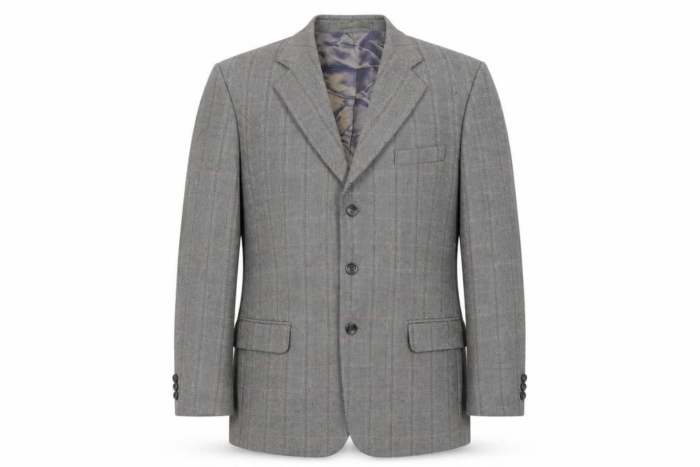 Front view of Varteks men’s grey plaid wool jacket suit jacket, size 42, regular
