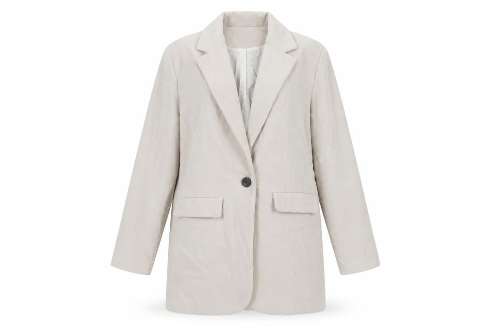 Front view of Boohoo women’s beige overcoat coat, size UK 12, button