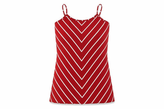 Front view of Ling women’s red striped polyester camisole t-shirt, size M, scoop neck