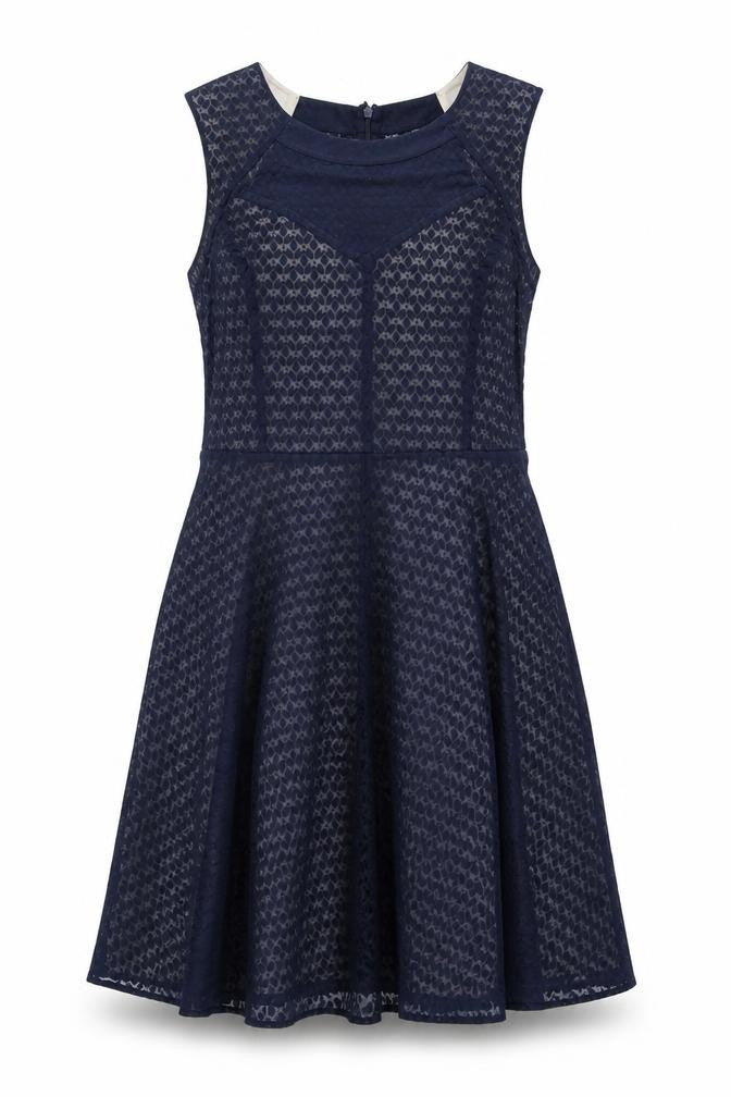 Front view of Oasis women’s blue geometric polyester a-line, size UK 14, round neck zip