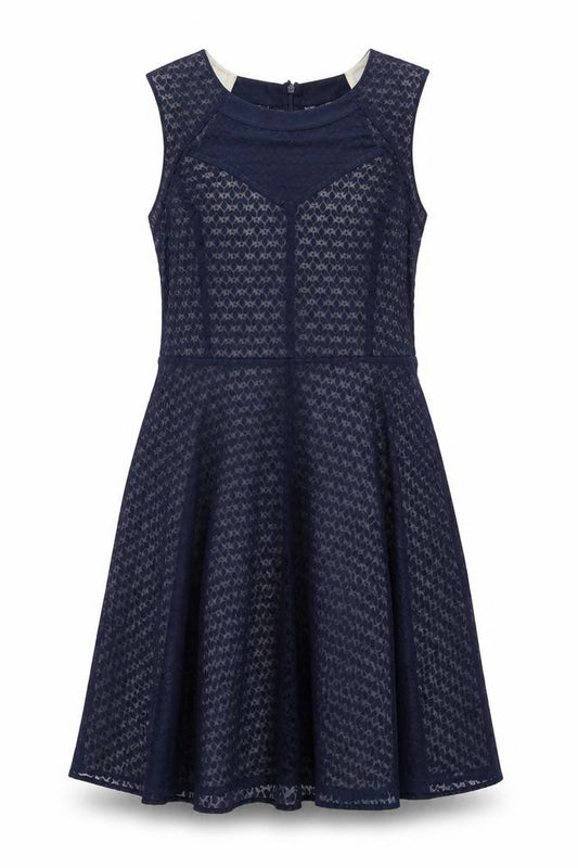 Front view of Oasis women’s blue geometric polyester a-line, size UK 14, round neck zip