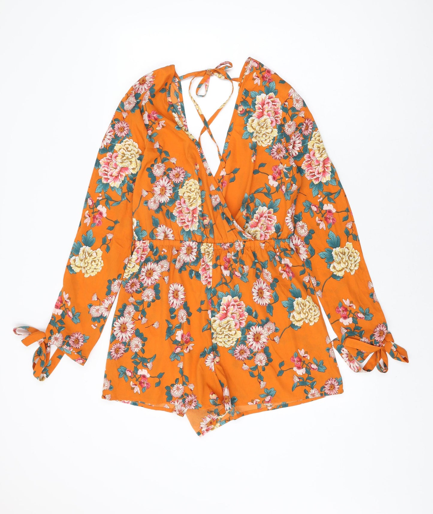 Influence Womens Orange Floral Polyester Playsuit One-Piece Size 12 Tie