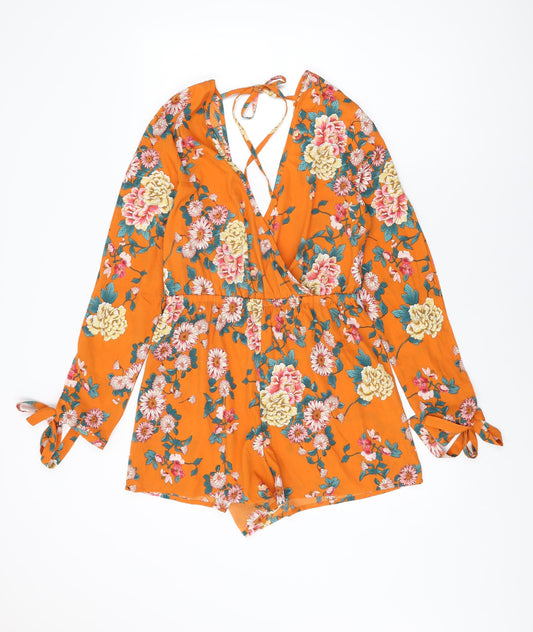 Influence Womens Orange Floral Polyester Playsuit One-Piece Size 12 Tie