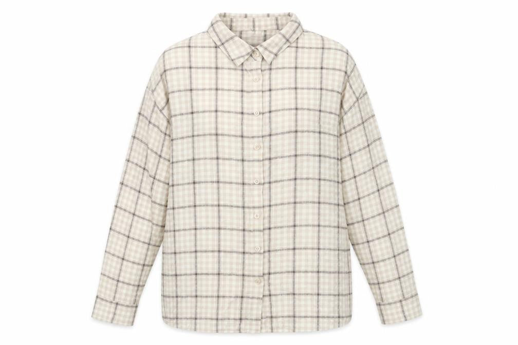 Front view of PRETTYLITTLETHING women’s beige geometric cotton basic button-up, size UK 14, collared